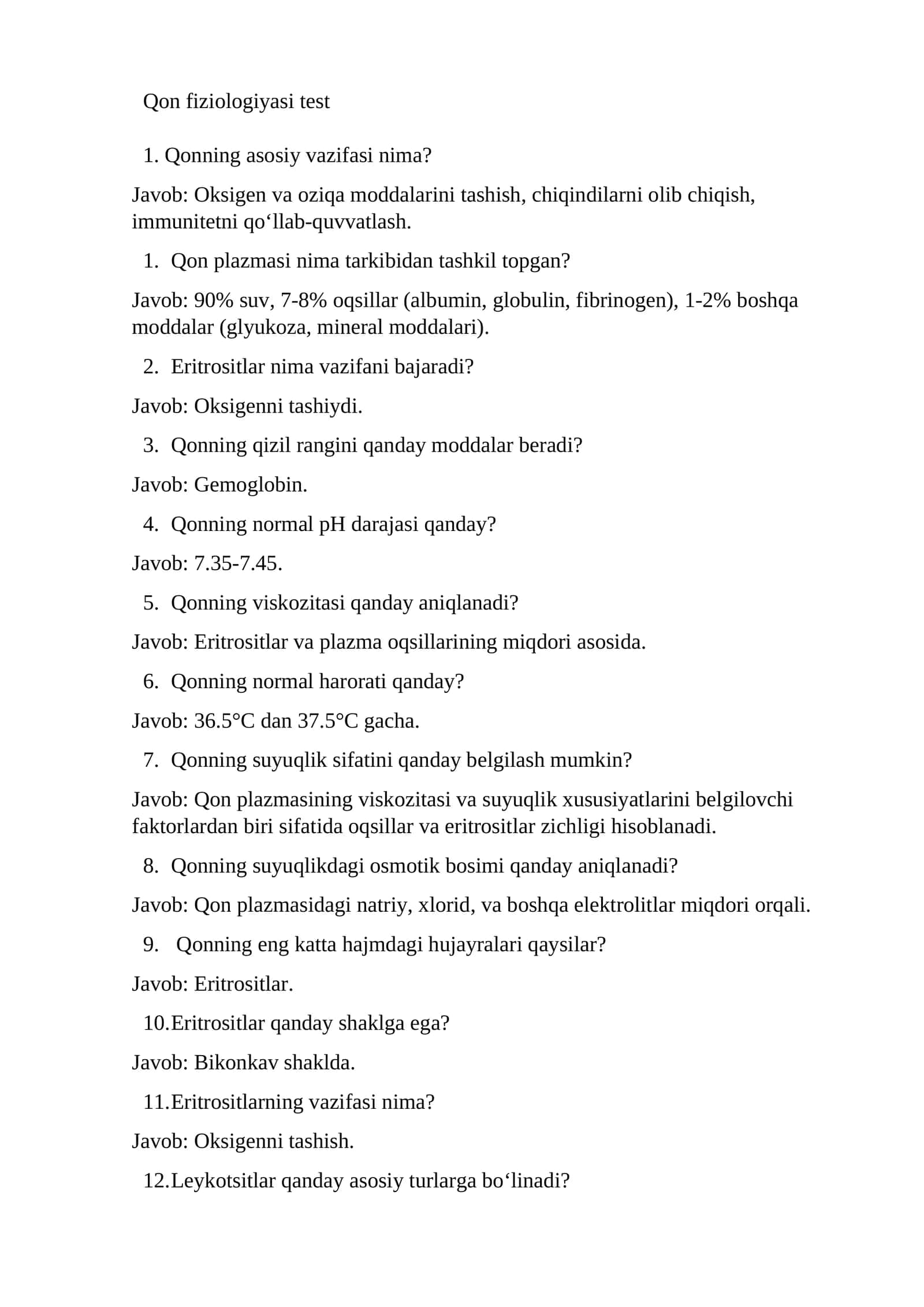 Qon fiziologiyasi test