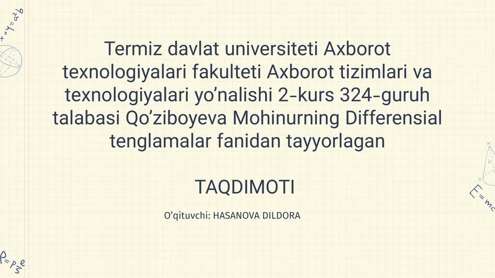 Differensial tenglamalar fanidan dars