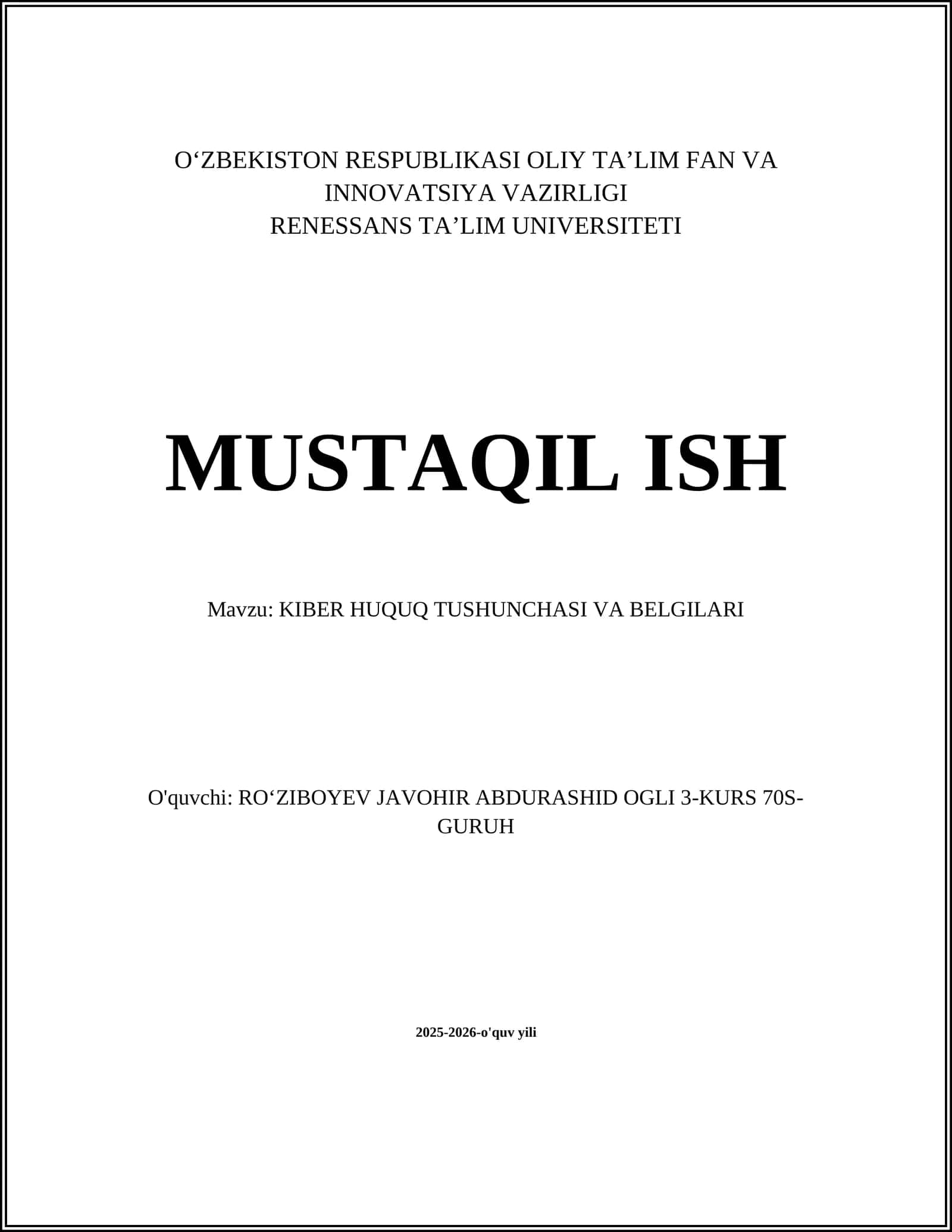Kiber Huquq Tushunchasi va Belgilari