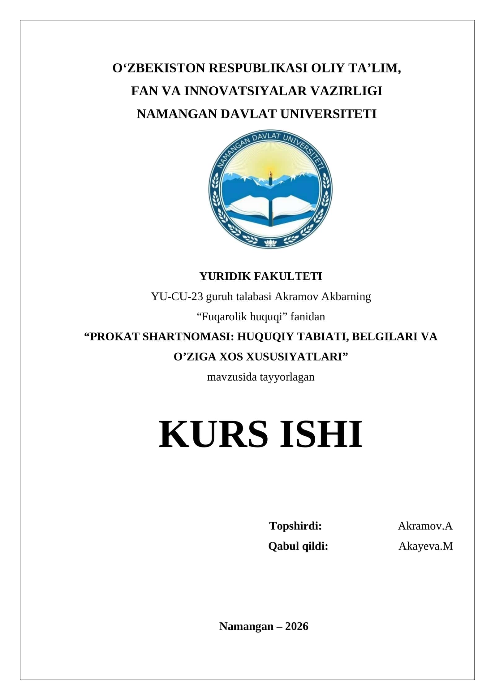 PROKAT SHARTNOMASI: HUQUQIY TABIATI, BELGILARI VA O’ZIGA XOS XUSUSIYATLARI