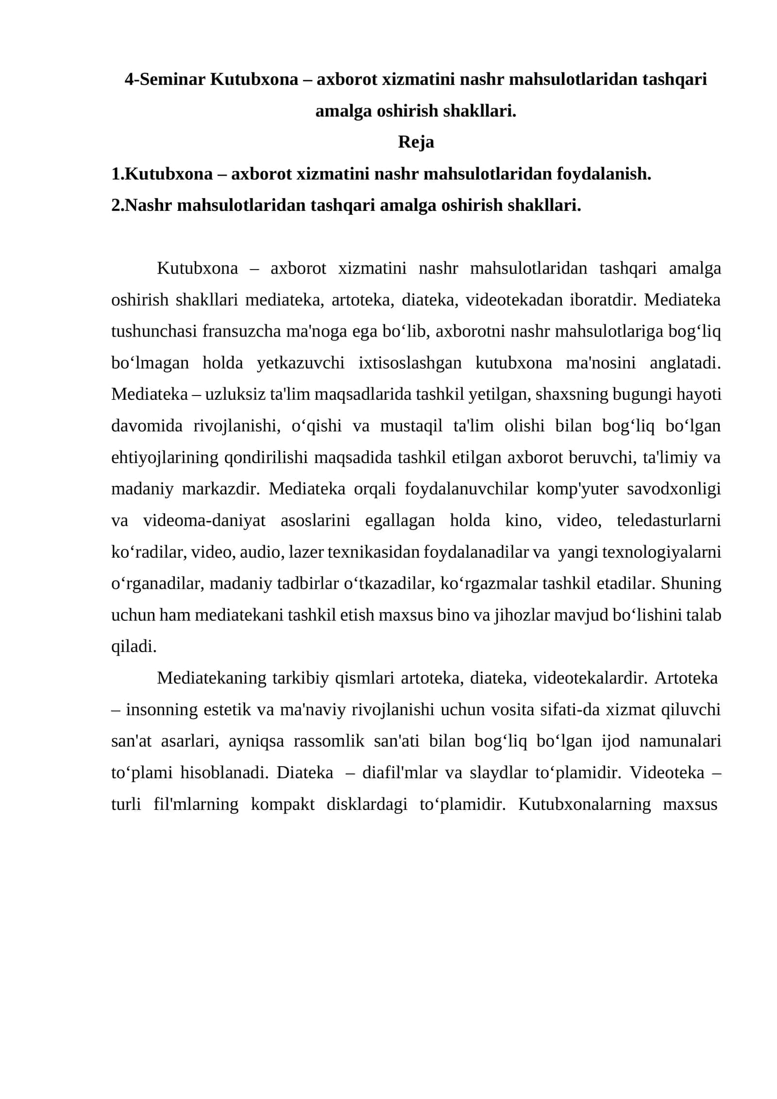 4-Seminar Kutubxona – axborot xizmatini nashr mahsulotlaridan tashqari amalga oshirish shakllari
