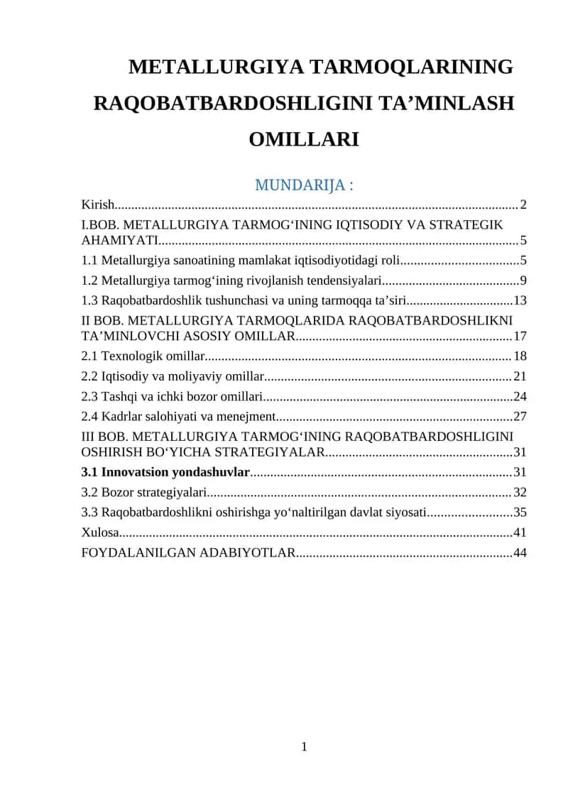 METALLURGIYA TARMOQLARINING RAQOBATBARDOSHLIGINI TA’MINLASH OMILLARI