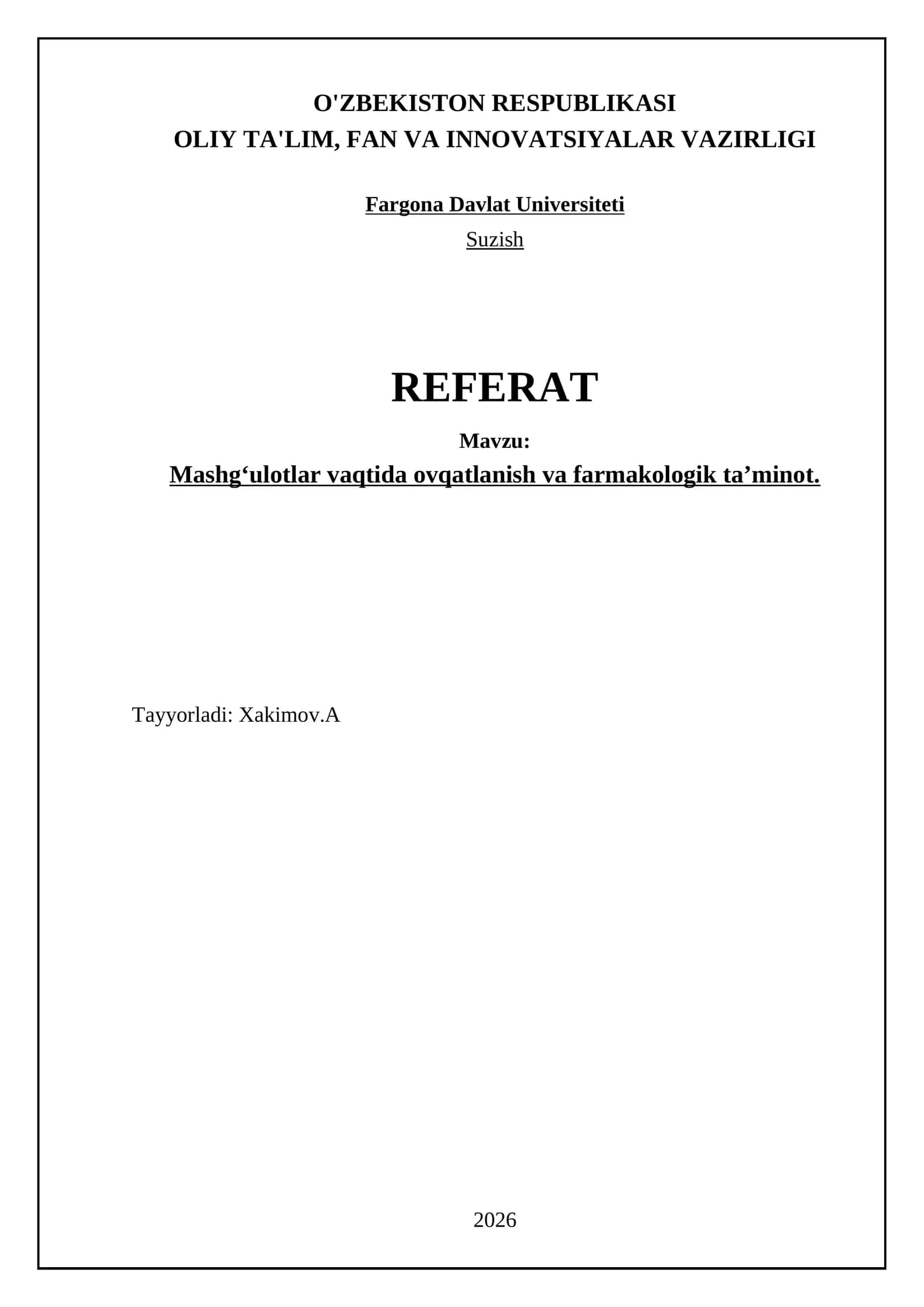 Mashgʻulotlar vaqtida ovqatlanish va farmakologik ta’minot