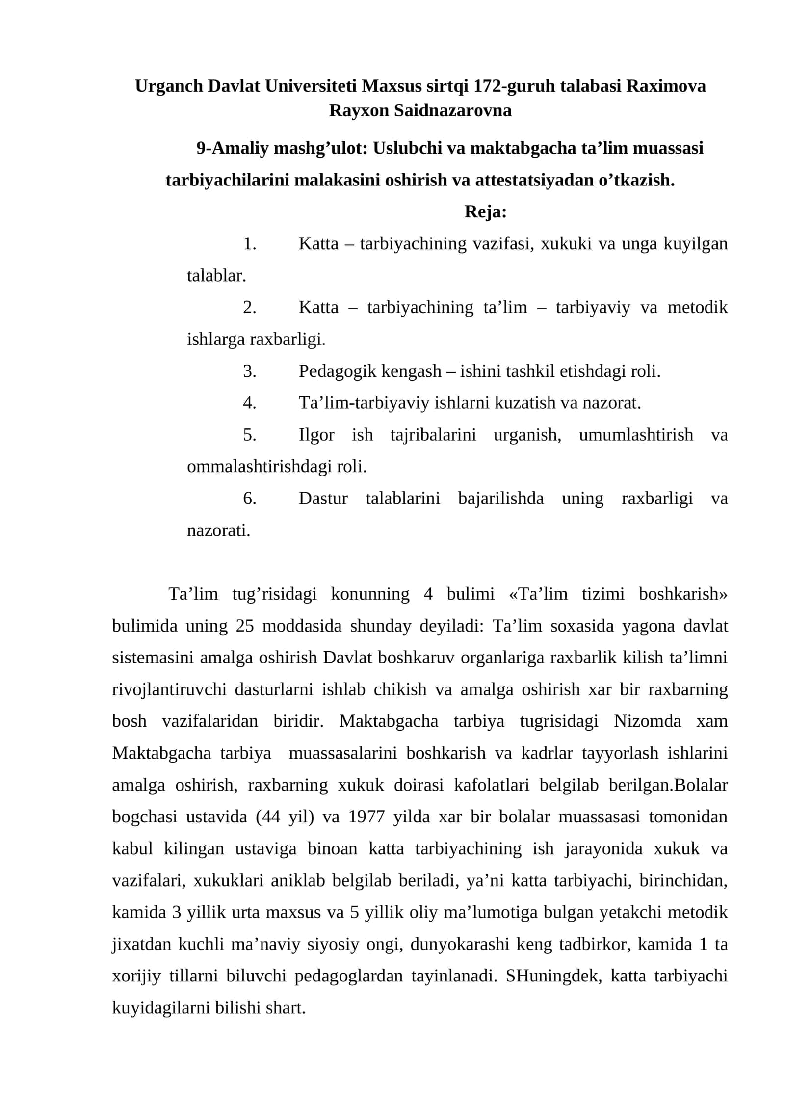 9-Amaliy mashg’ulot: Uslubchi va maktabgacha ta’lim muassasi tarbiyachilarini malakasini oshirish va attestatsiyadan o’tkazish