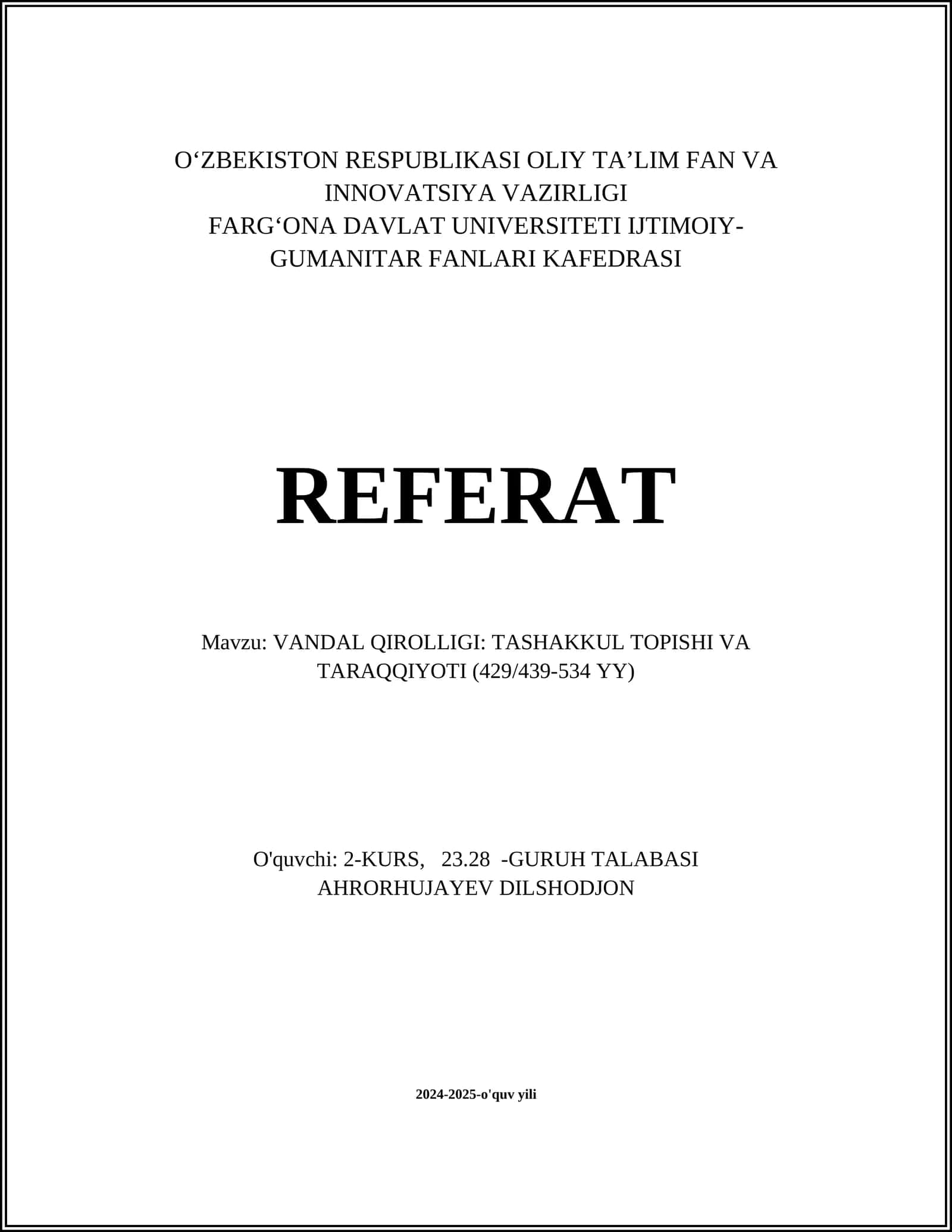 VANDAL QIROLLIGI: TASHAKKUL TOPISHI VA TARAQQIYOTI (429/439-534 YY)
