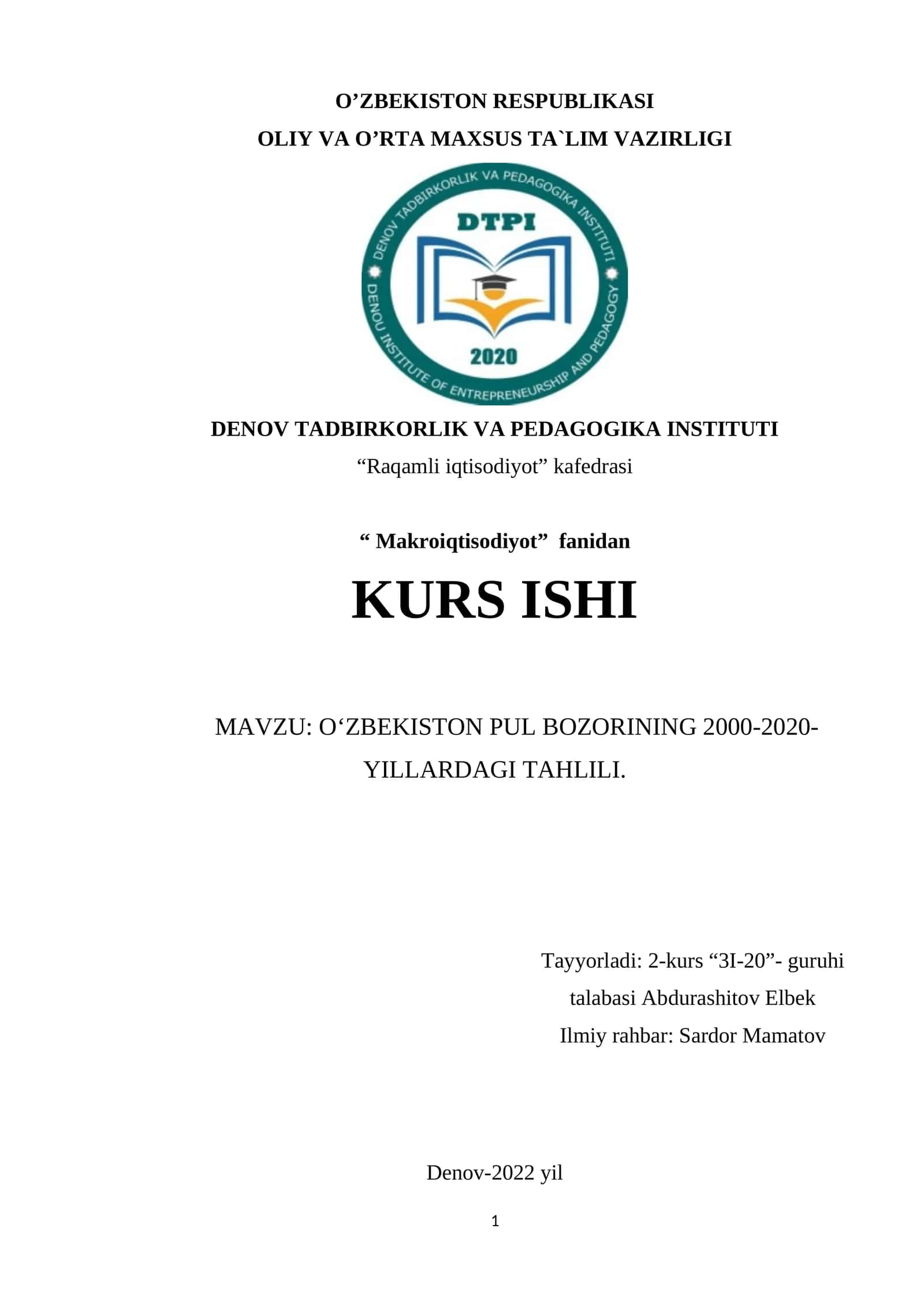 O‘ZBEKISTON PUL BOZORINING 2000-2020- YILLARDAGI TAHLILI