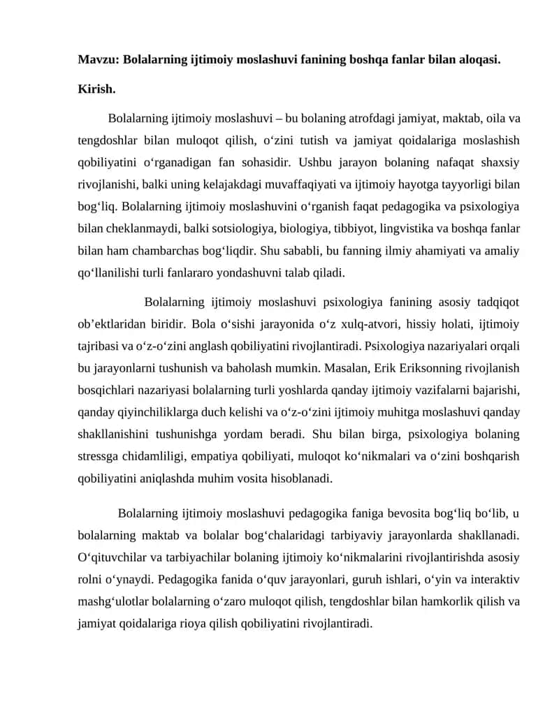 Bolalarning ijtimoiy moslashuvi