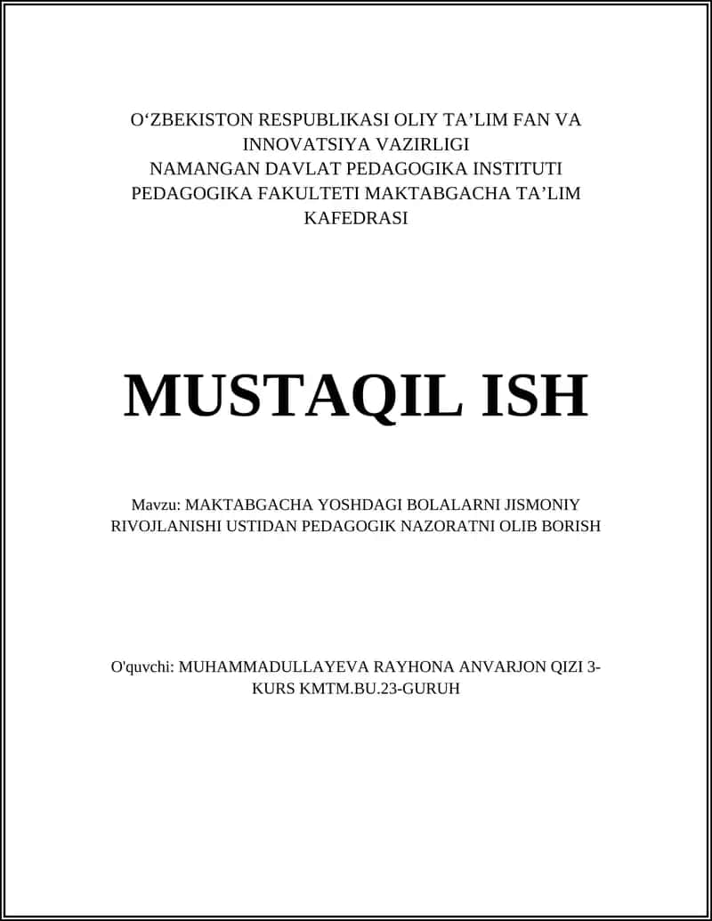 Maktabgacha Yoshdagi Bolalarning Jismoniy Rivojlanishi Ustida Pedagogik Nazorat