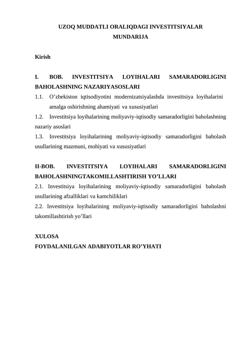 Investitsiya loyihalarini amalga oshirishning ahamiyati