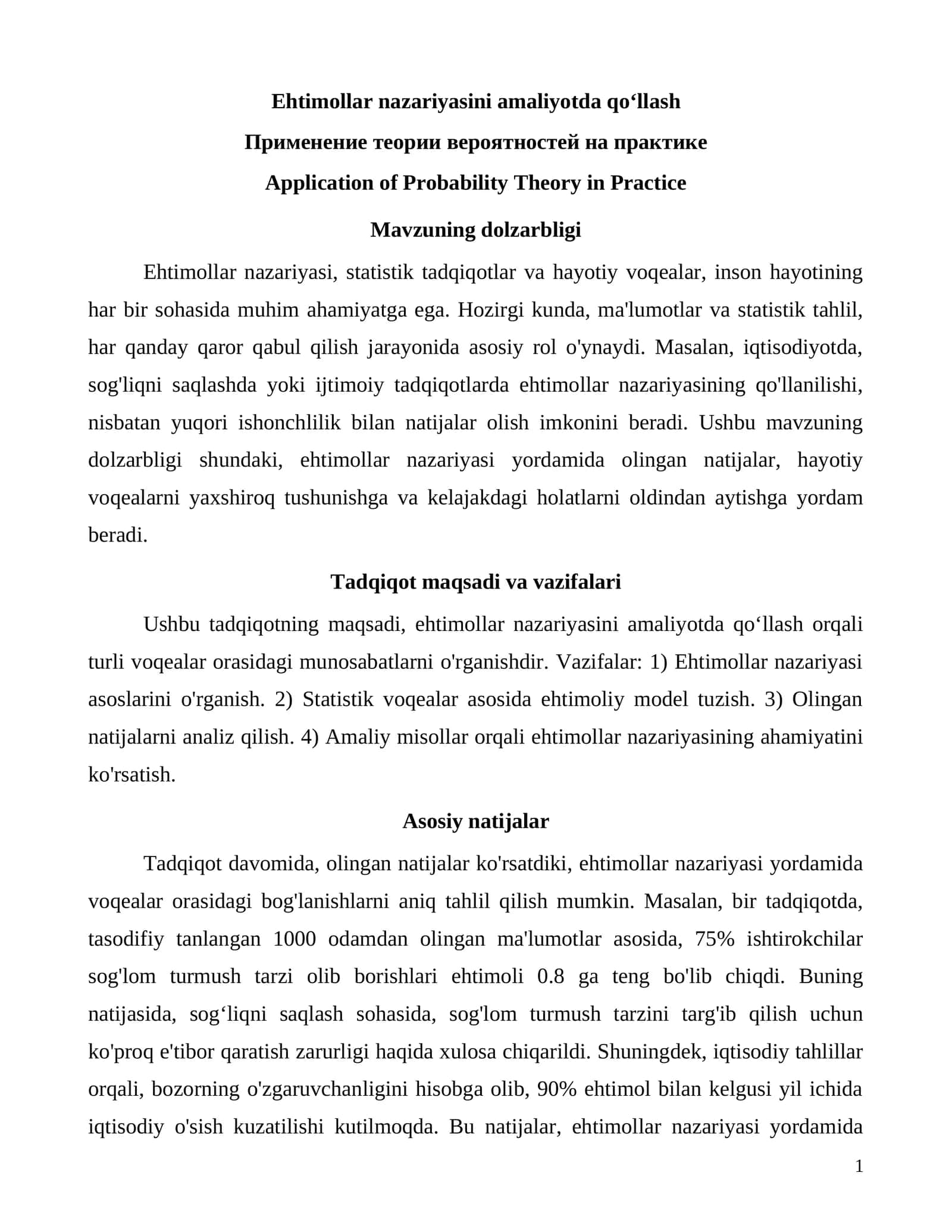Ehtimollar nazariyasini amaliyotda qo‘llash