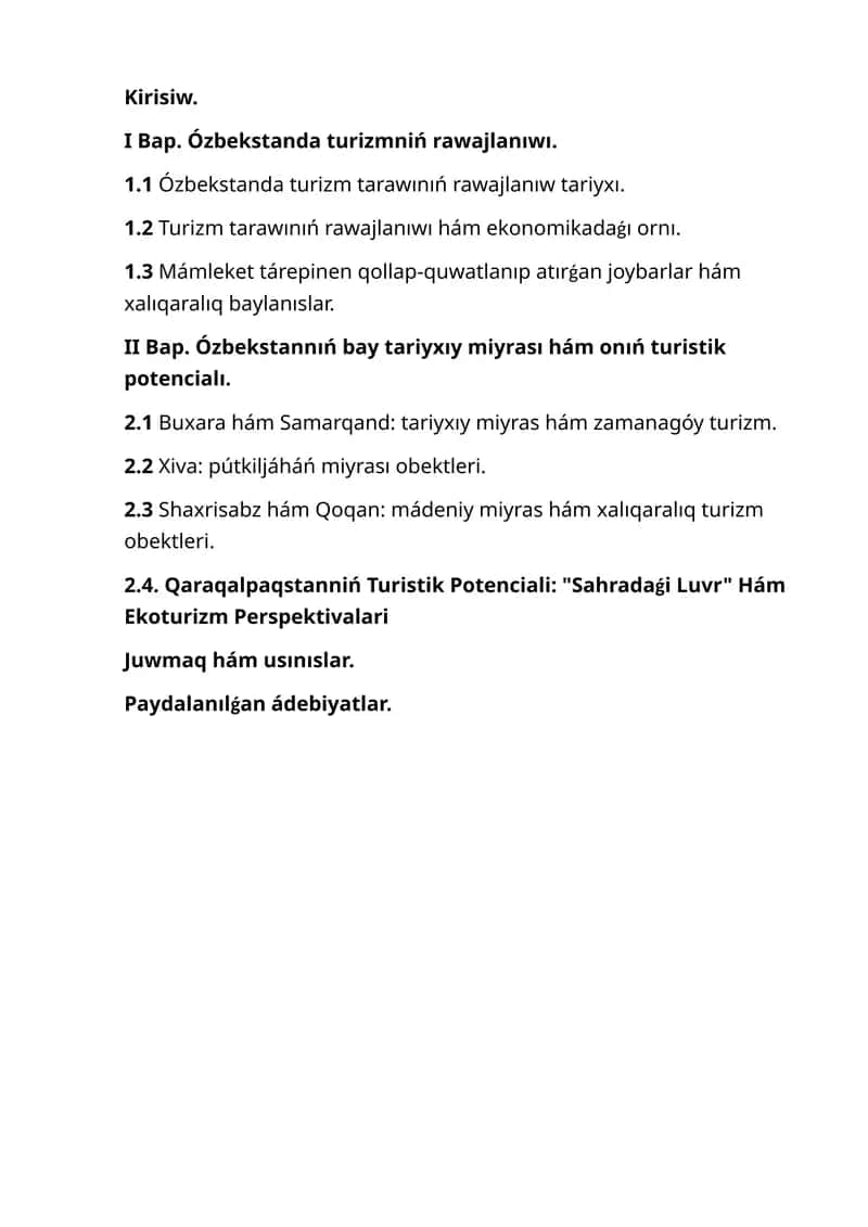 Ózbekstanda turizmniń rawajlanıwı.