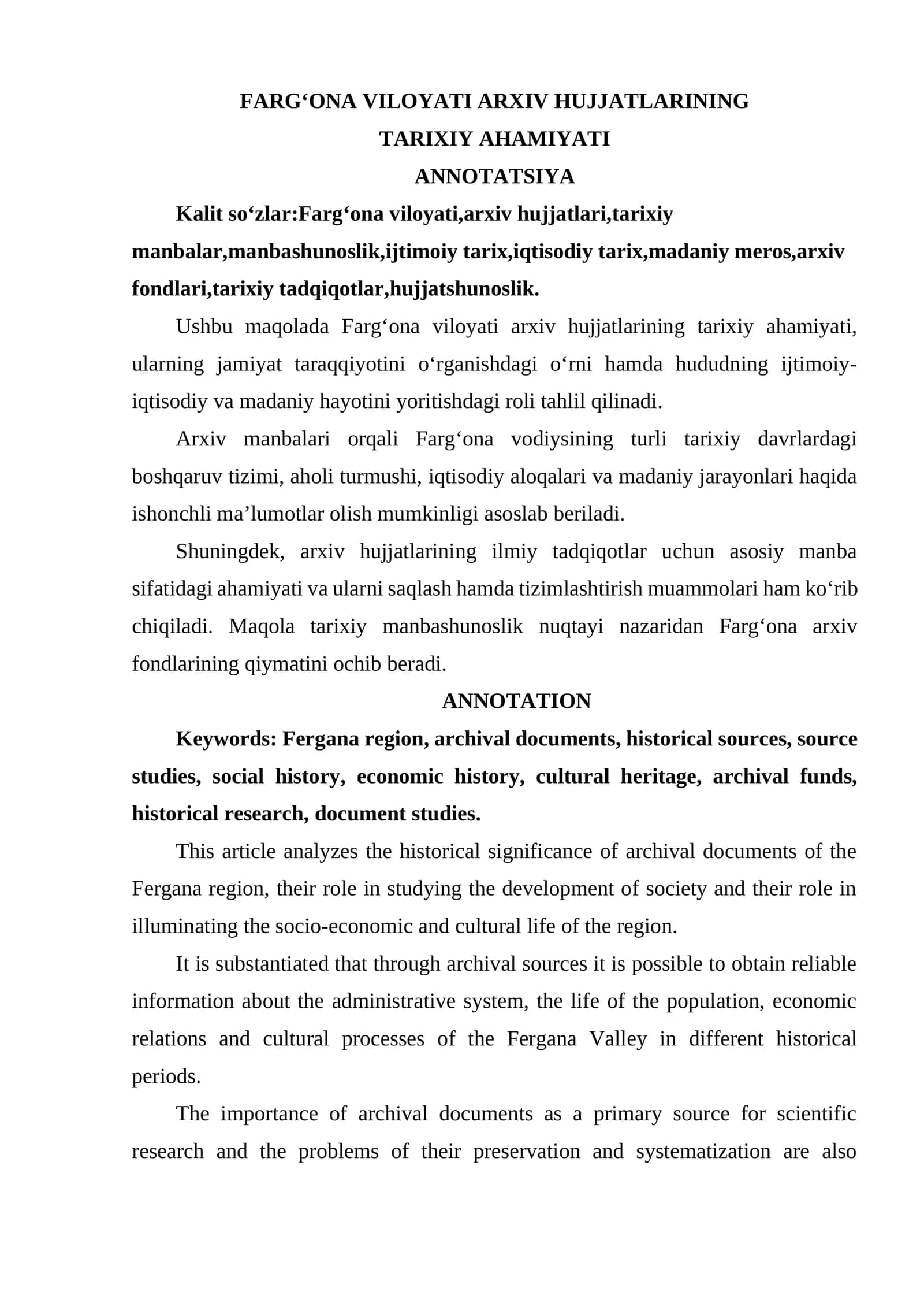 FARG‘ONA VILOYATI ARXIV HUJJATLARINING TARIXIY AHAMIYATI