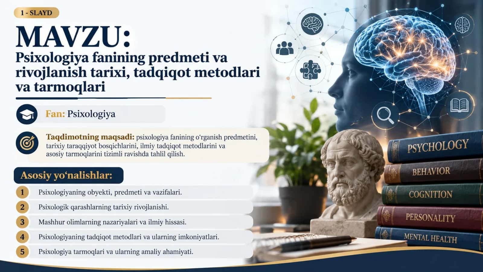 Psixologiya fanining predmeti, rivojlanish tarixi, tadqiqot metodlari va tarmoqlari — 30 slaydli taqdimot
