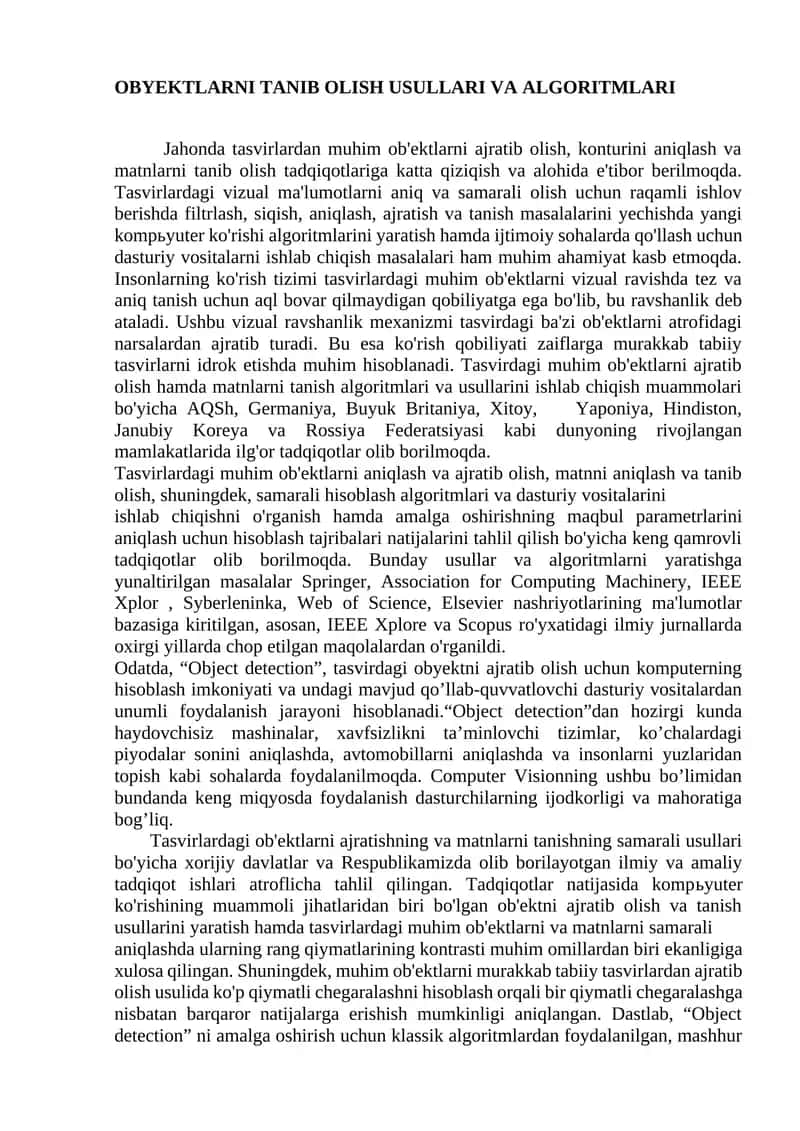 Obyektlarni tanib olish usullari va algoritmlari