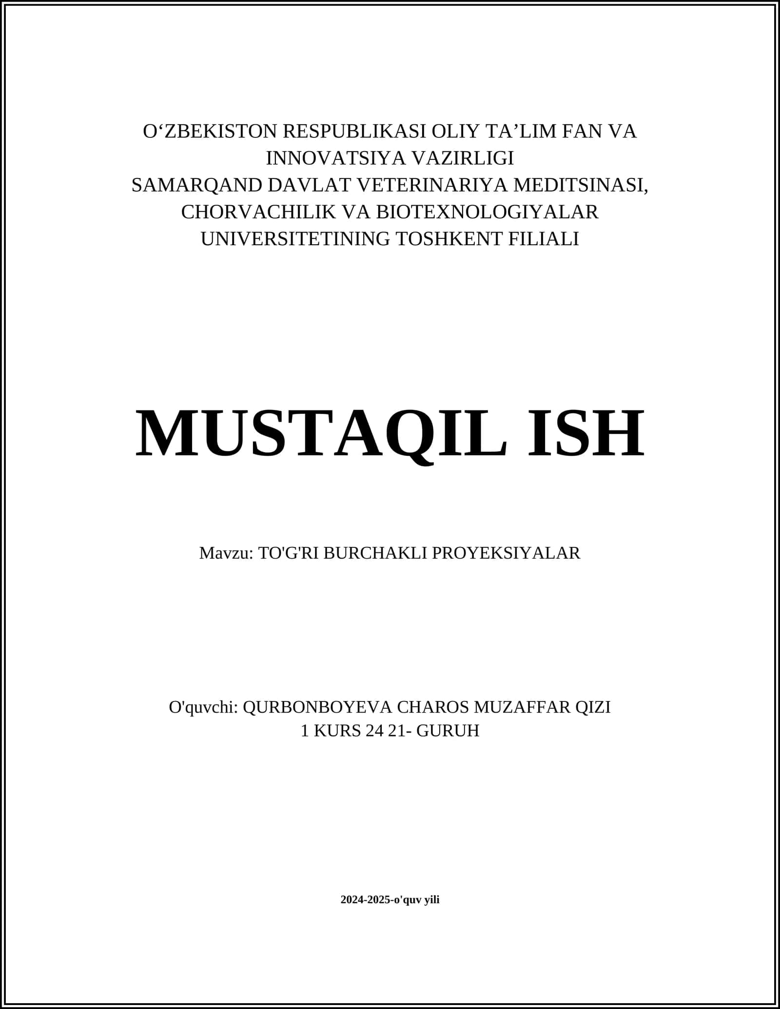 TO'G'RI BURCHAKLI PROYEKSIYALAR