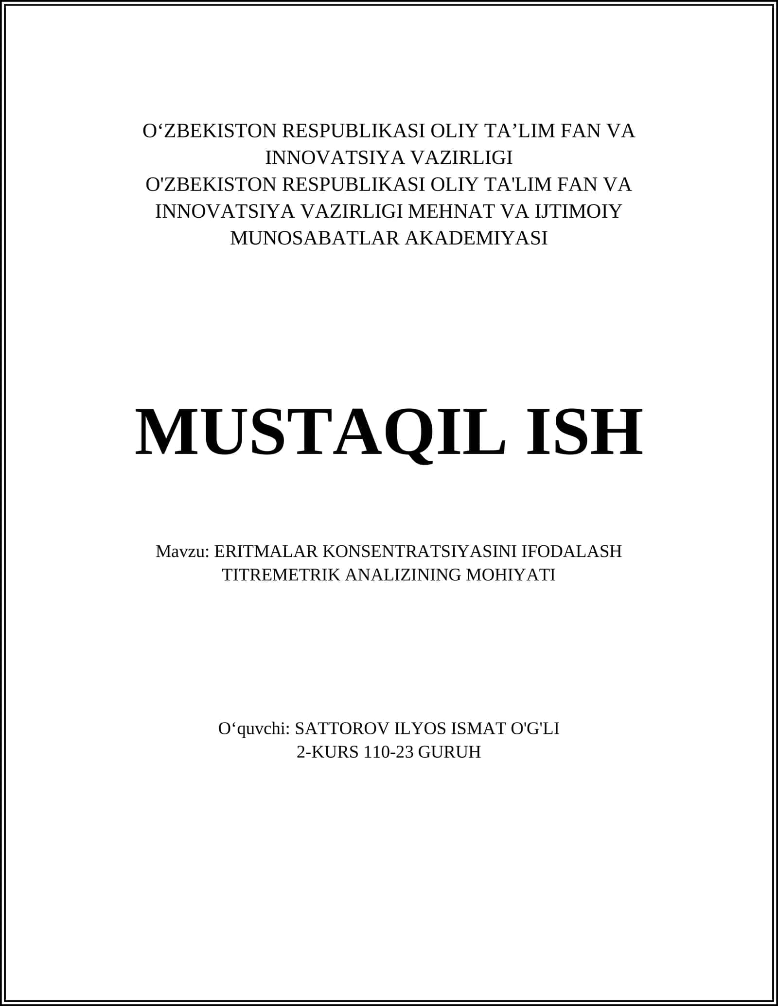 ERITMALAR KONSENTRATSIYASINI IFODALASH TITREMETRIK ANALIZINING MOHIYATI