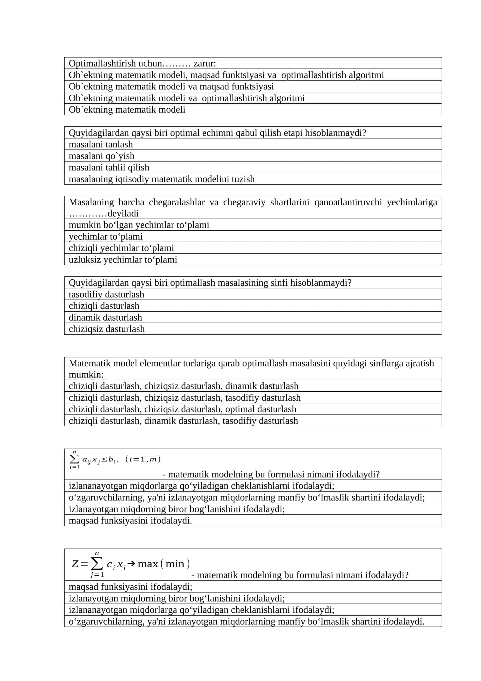 Ob'ektning matematik modeli va maqsad funktsiyasi