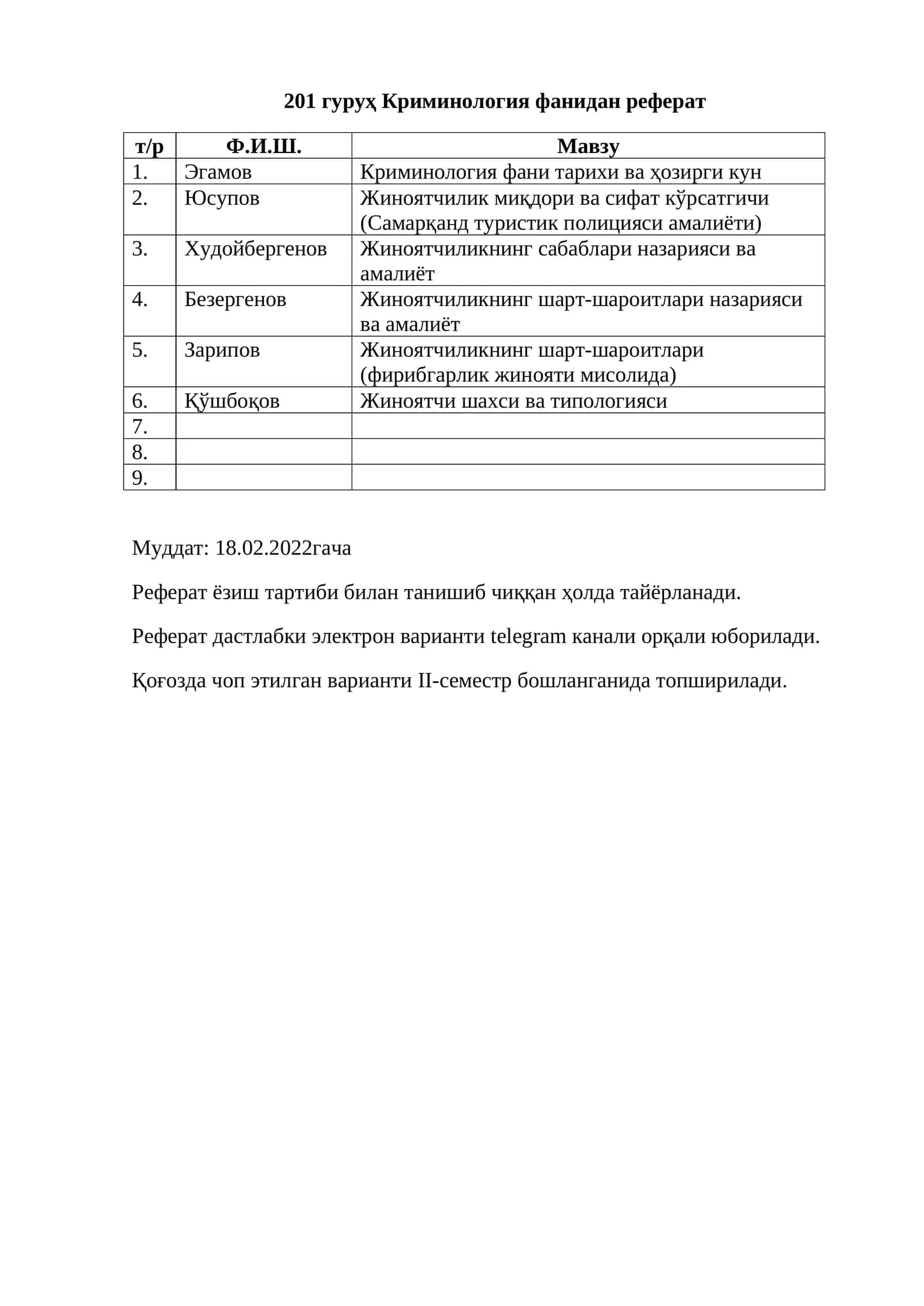 Криминология фанидан реферат