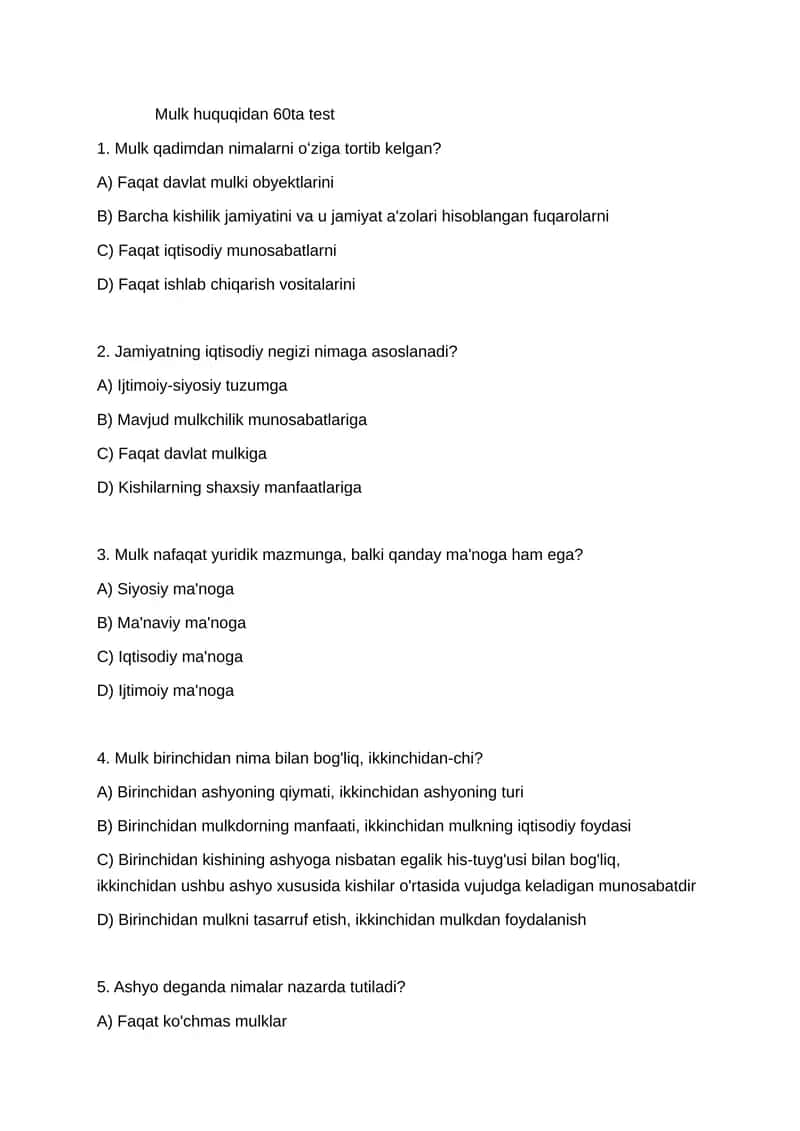 Mulk huquqidan 60ta test