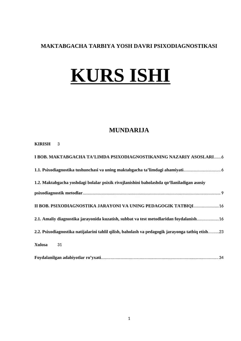 MAKTABGACHA TARBIYA YOSH DAVRI PSIXODIAGNOSTIKASI