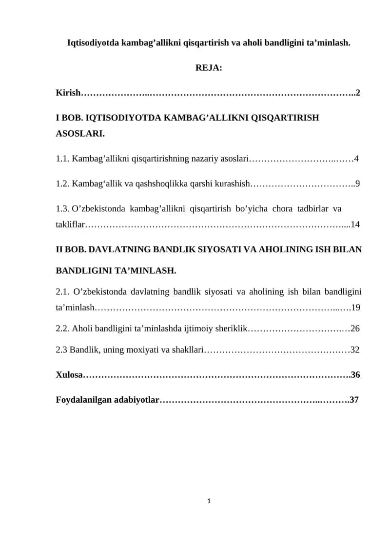 Kambag'allikni qisqartirish va aholi bandligini ta’minlash