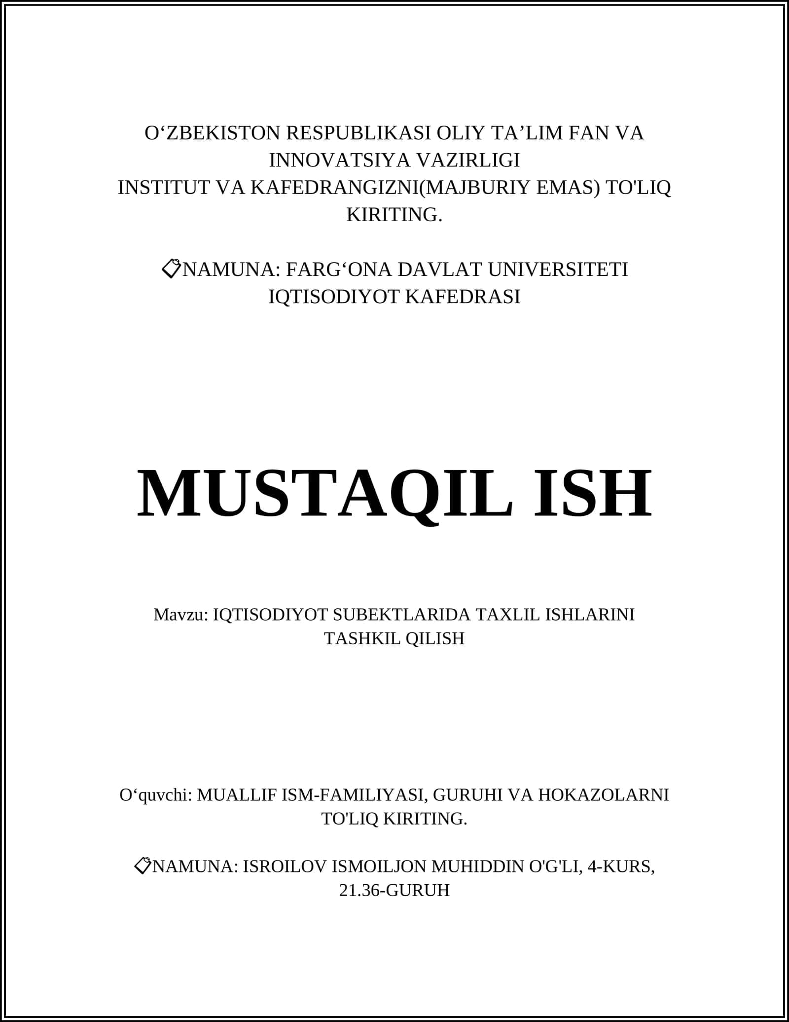 IQTISODIYOT SUBEKTLARIDA TAXLIL ISHLARINI TASHKIL QILISH