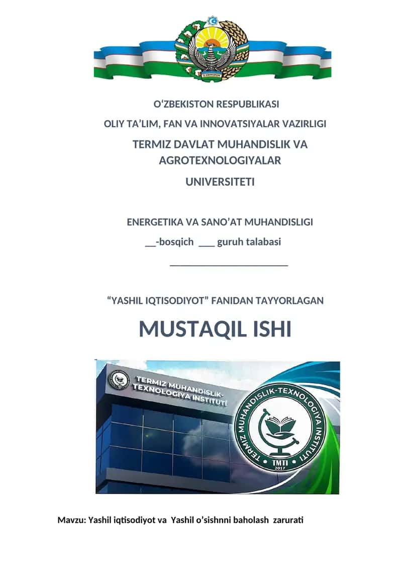 Yashil iqtisodiyot va Yashil o’sishnni baholash zarurati