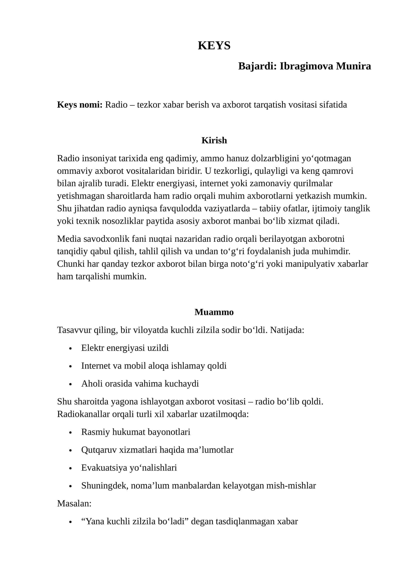 Radio – tezkor xabar berish va axborot tarqatish vositasi sifatida