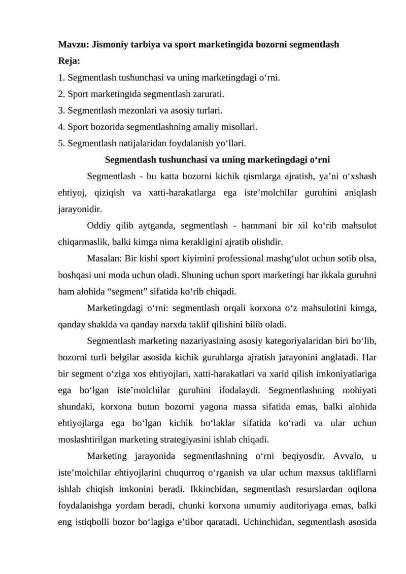Jismoniy tarbiya va sport marketingida bozorni segmentlash