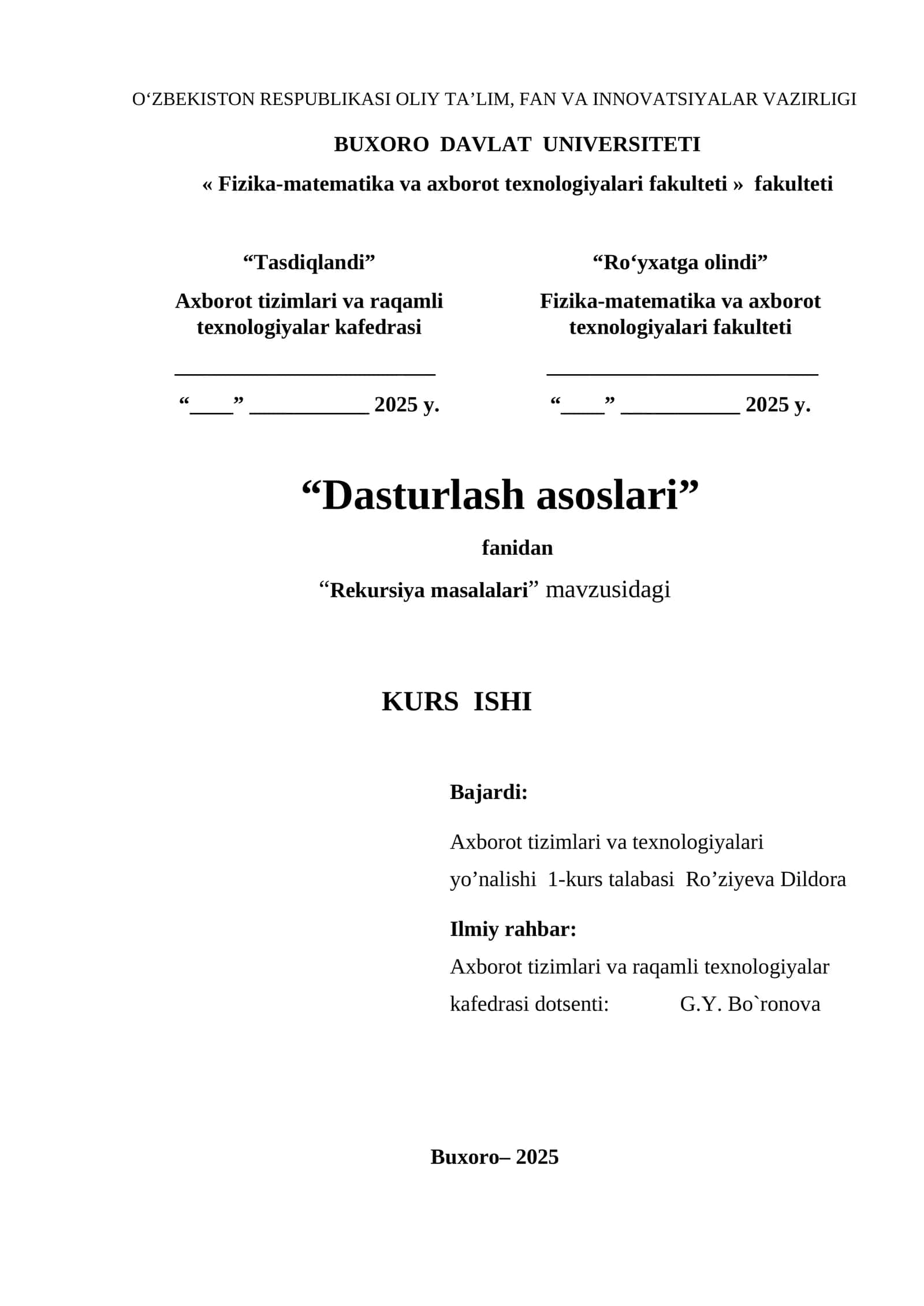 Rekursiya masalalari KURS ISHI