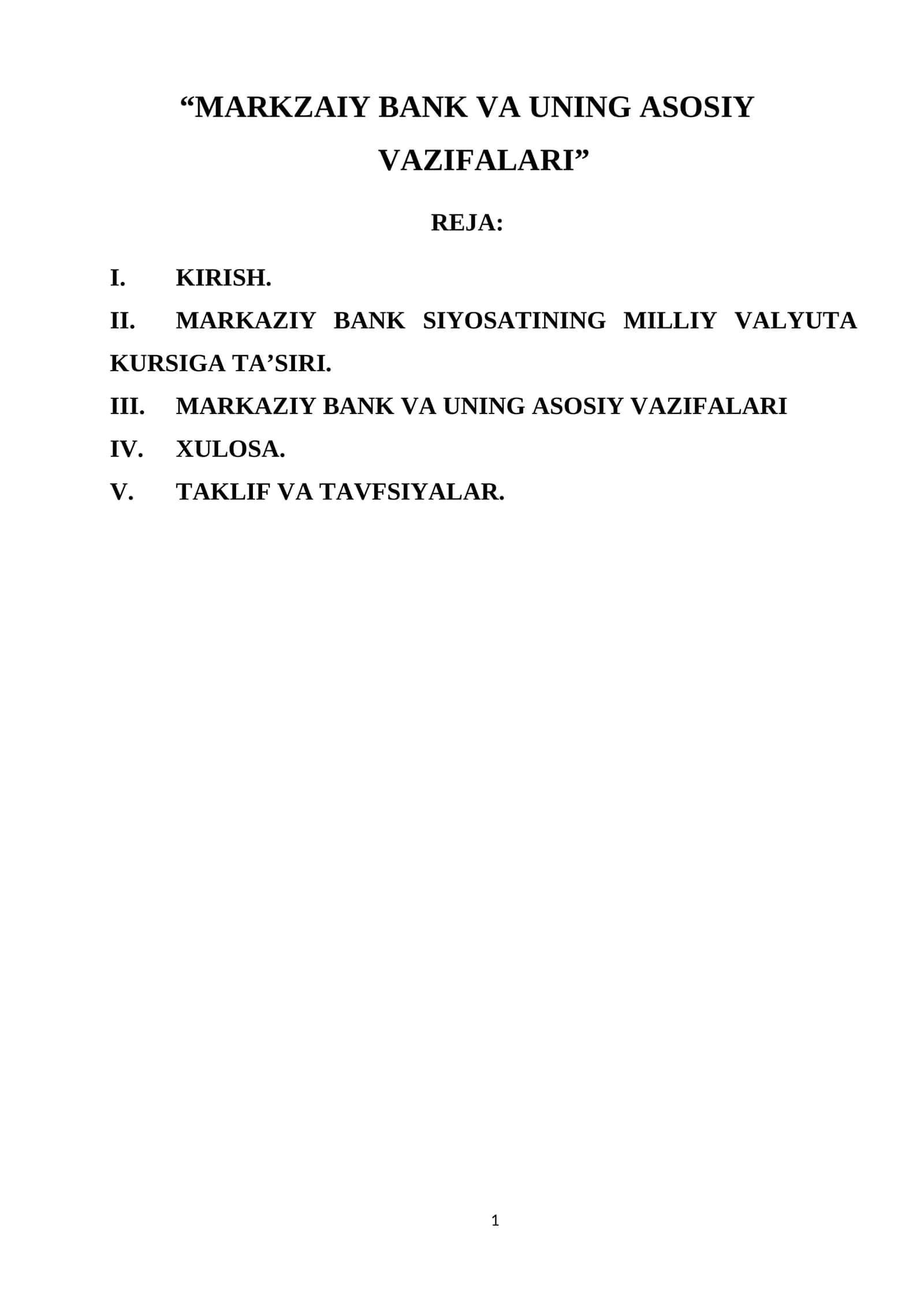 MARKZAIY BANK VA UNING ASOSIY VAZIFALARI