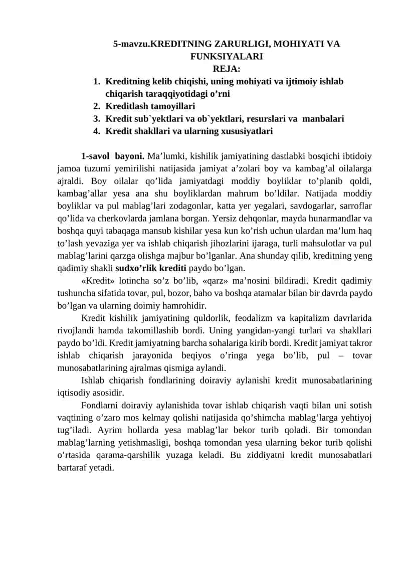 KREDITNING ZARURLIGI, MOHIYATI VA FUNKSIYALARI