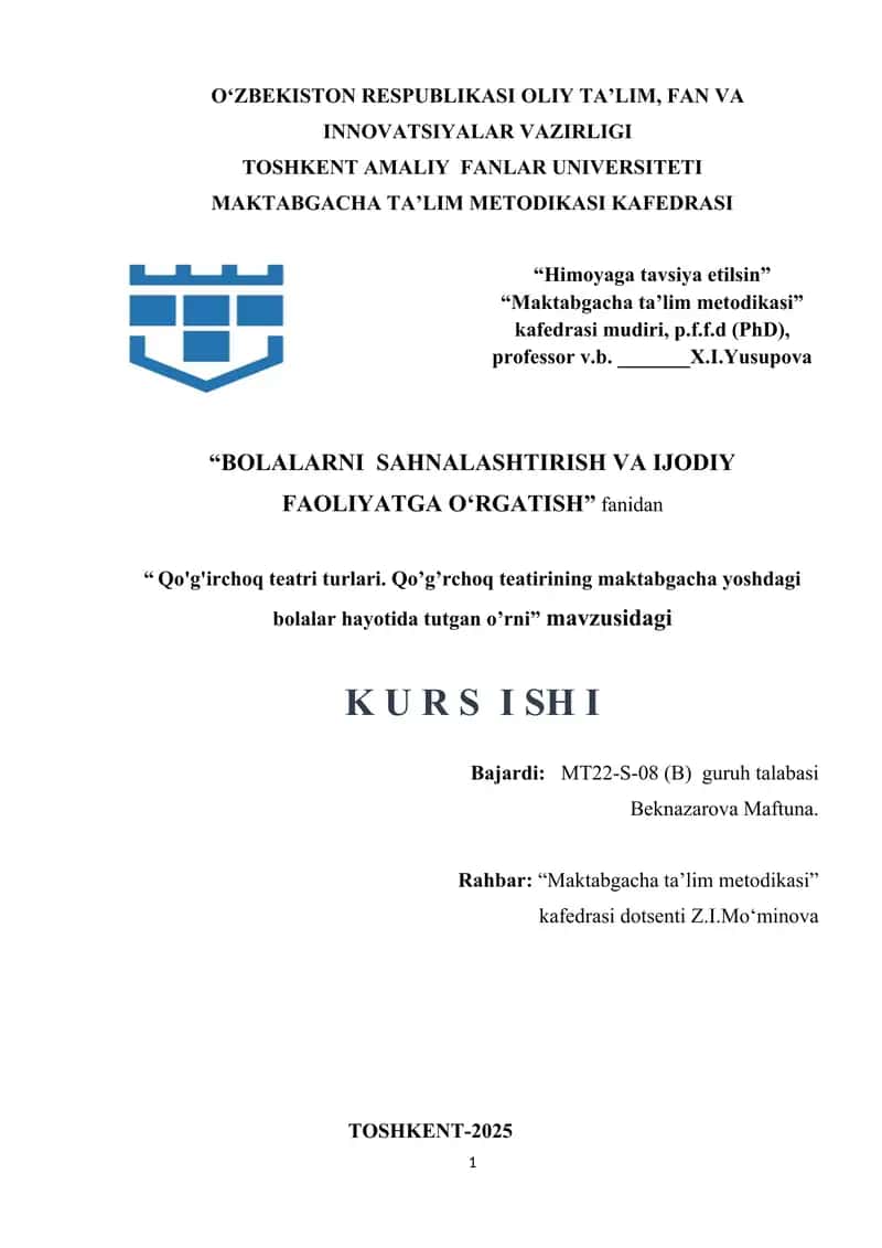 Qo'g'irchoq teatri turlari. Qo’g’rchoq teatirining maktabgacha yoshdagi bolalar hayotida tutgan o'rni