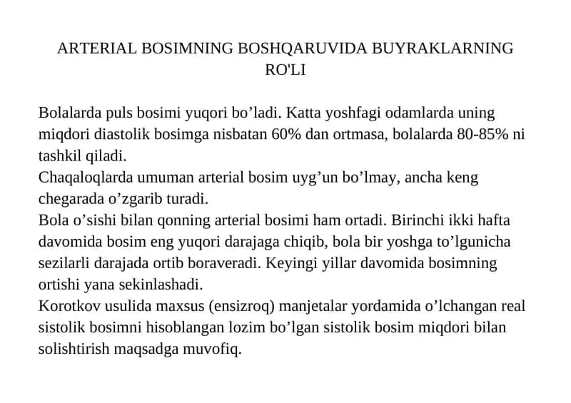 ARTERIAL BOSIMNING BOSHQARUVIDA BUYRAKLARNING RO'LI