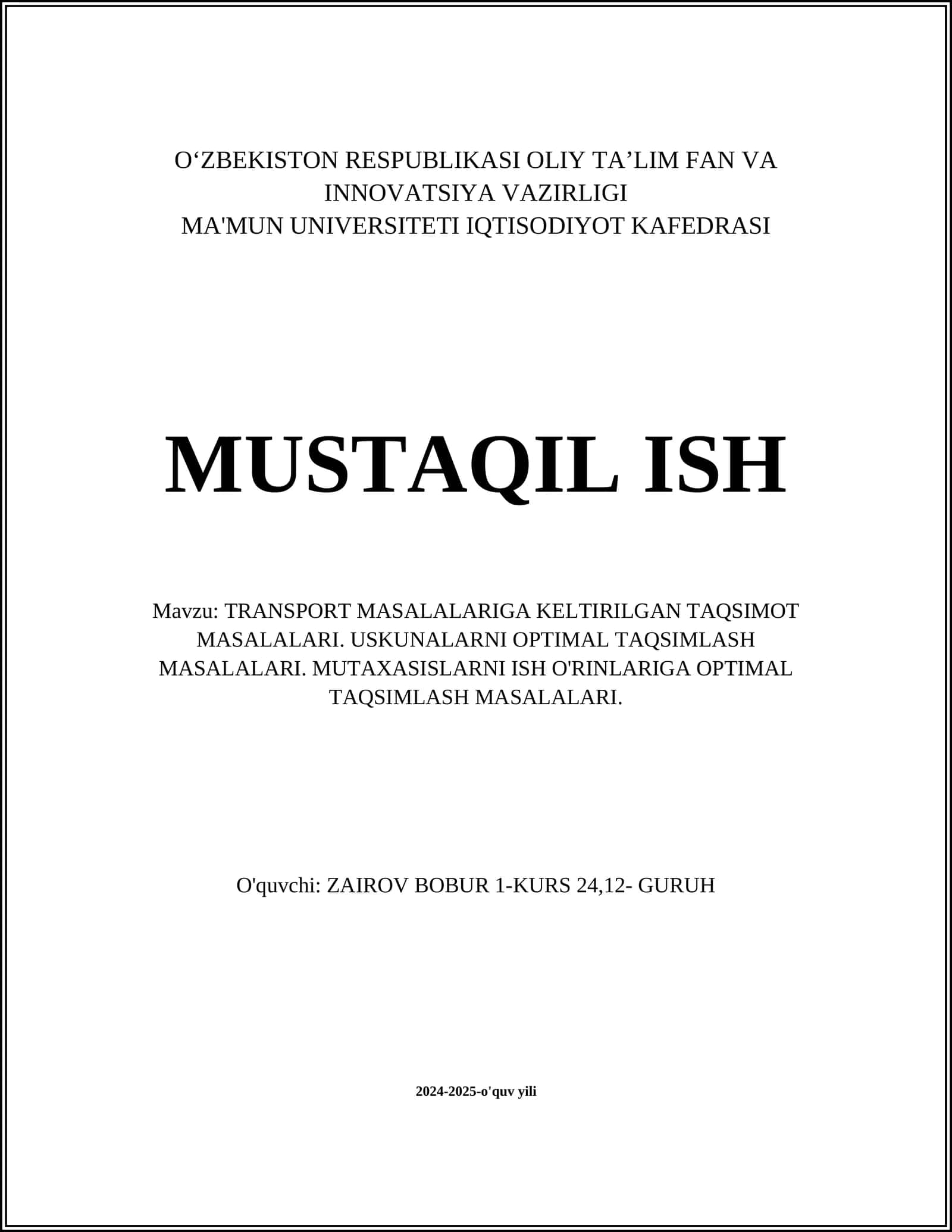 TRANSPORT MASALALARIGA KELTIRILGAN TAQSIMOT MASALALARI