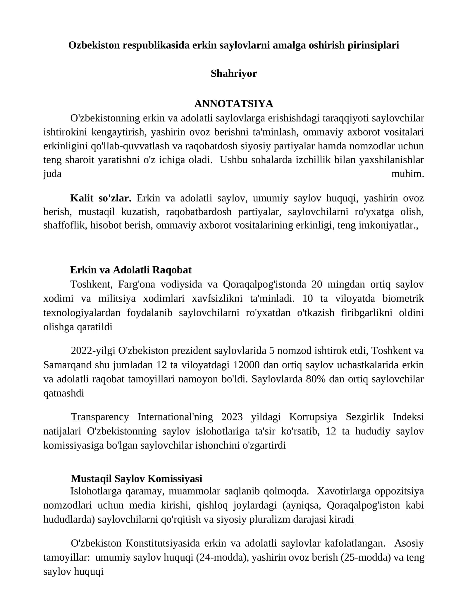 O'zbekiston Respublikasida Erkin Saylovlarni Amalga Oshirish Pirinsiplari
