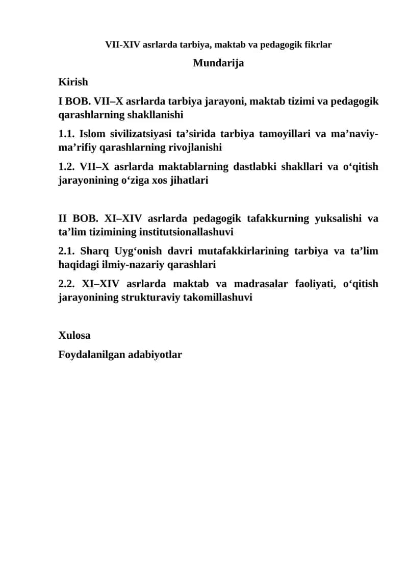 VII-XIV asrlarda tarbiya, maktab va pedagogik fikrlar
