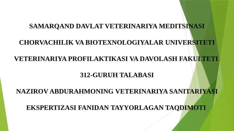 OZIQ OVQAT MAHSULOTLARNI VETERINARIYA SANITARIYA EKSPERTIZASI