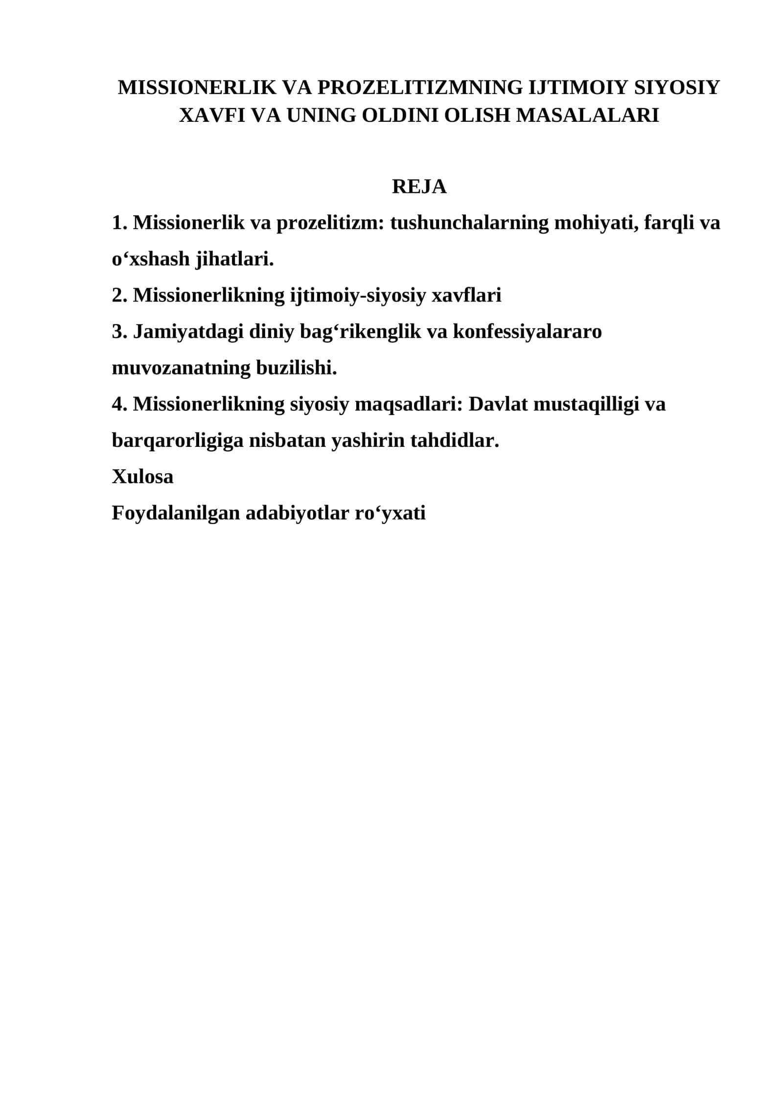 MISSIONERLIK VA PROZELITIZMNING IJTIMOIY SIYOSIY XAVFI VA UNING OLDINI OLISH MASALALARI