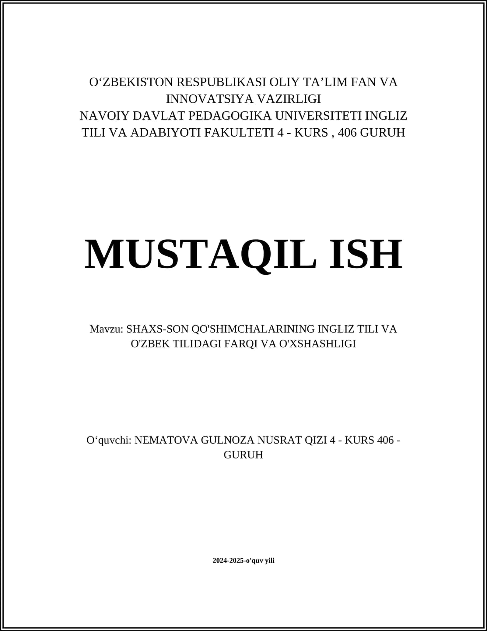 SHAXS-SON QO'SHIMCHALARINING INGLIZ TILI VA O'ZBEK TILIDAGI FARQI VA O'XSHASHLIGI
