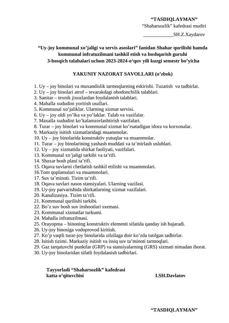 Uy-joy kommunal xo’jaligi va servis asoslari