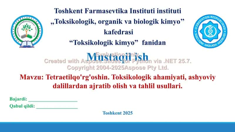 10. Tetraetilqo'rg'oshin. Toksikologik ahamiyati, ashyoviy dalillardan ajratib olish va tahlil usullari. Taqdimot 16 bet