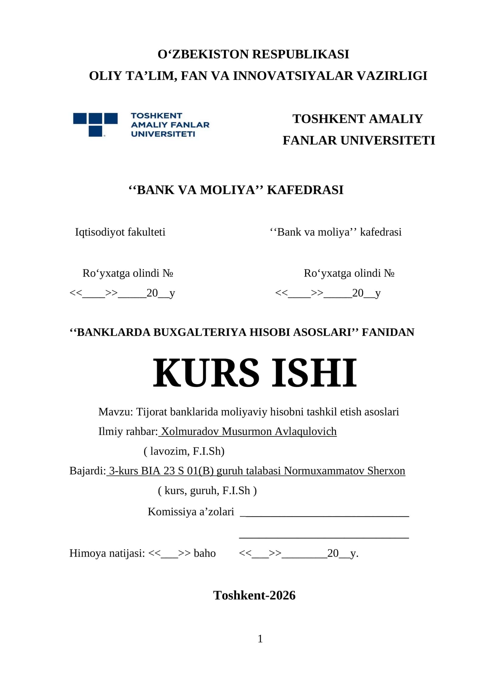 Tijorat banklarida moliyaviy hisobni tashkil etish asoslari