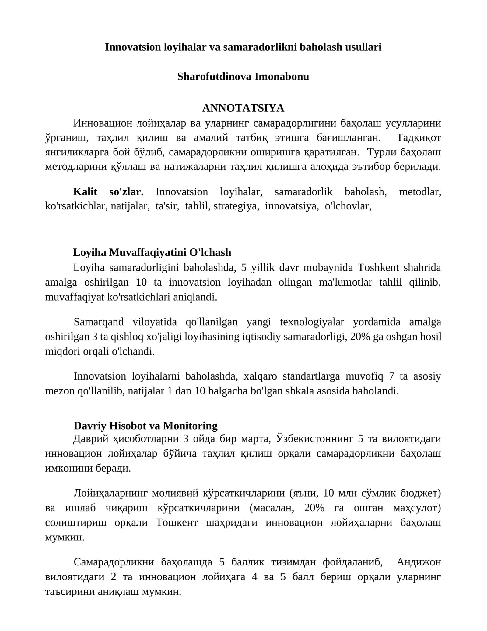 Innovatsion loyihalar va samaradorlikni baholash usullari