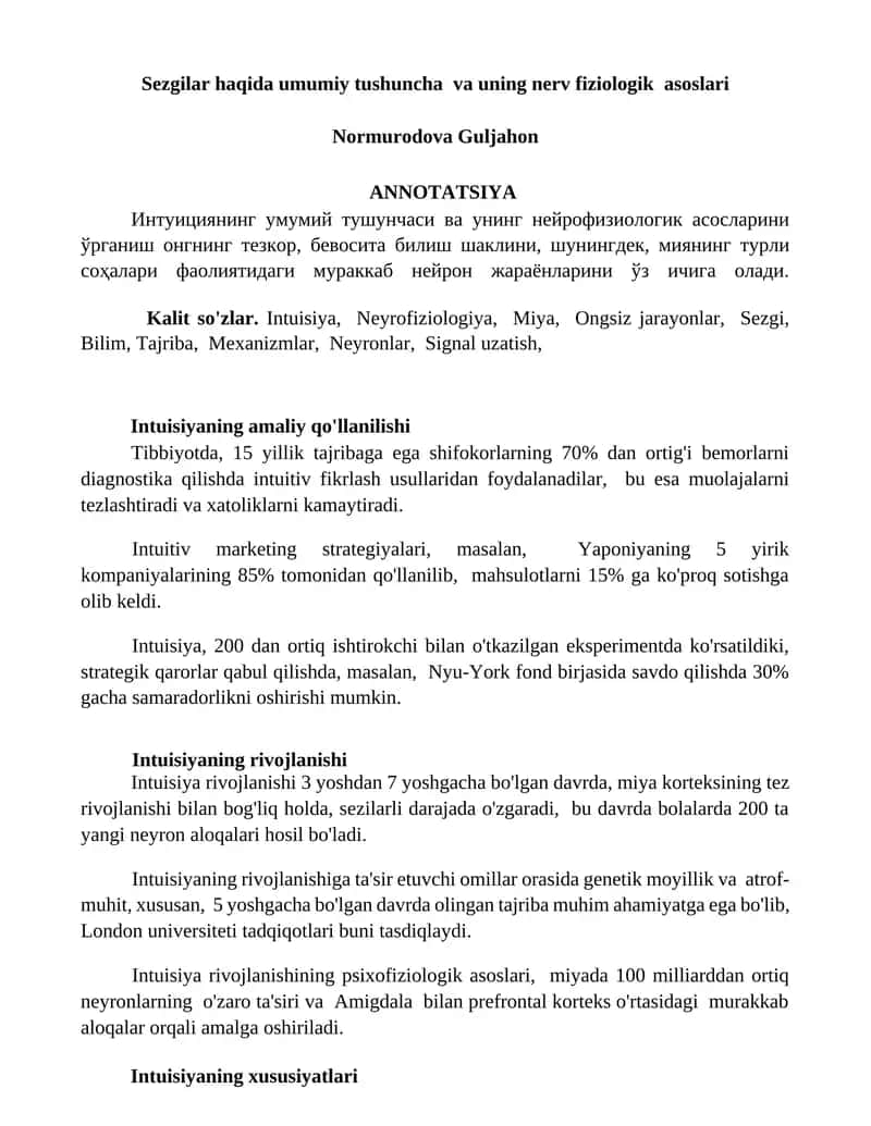 Sezgilar haqida umumiy tushuncha va uning nerv fiziologik asoslari