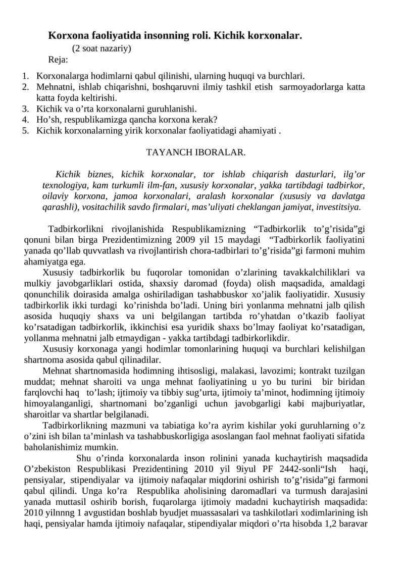Kichik biznes va korxonalar