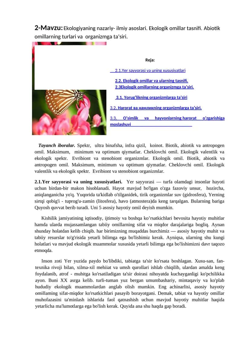 Ekologik omillar va ularning tasnifi