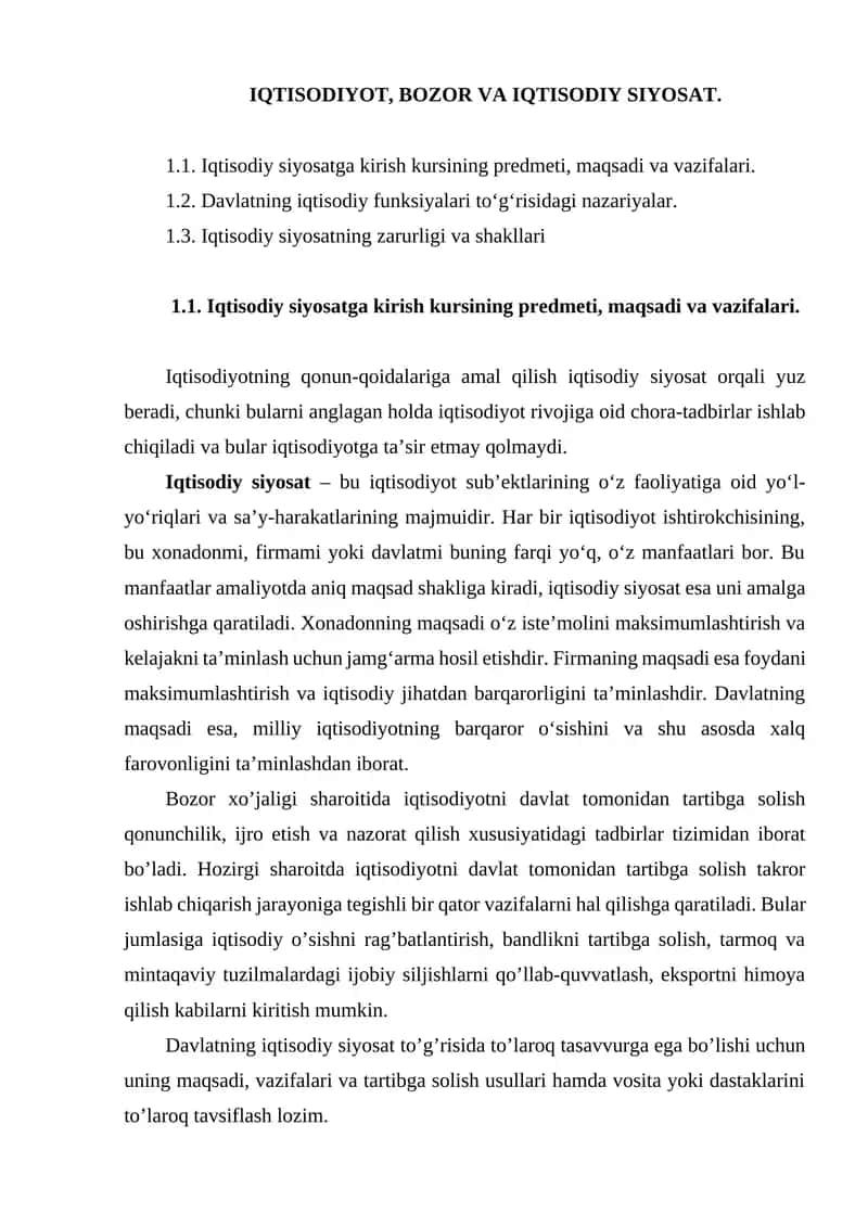 IQTISODIYOT, BOZOR VA IQTISODIY SIYOSAT