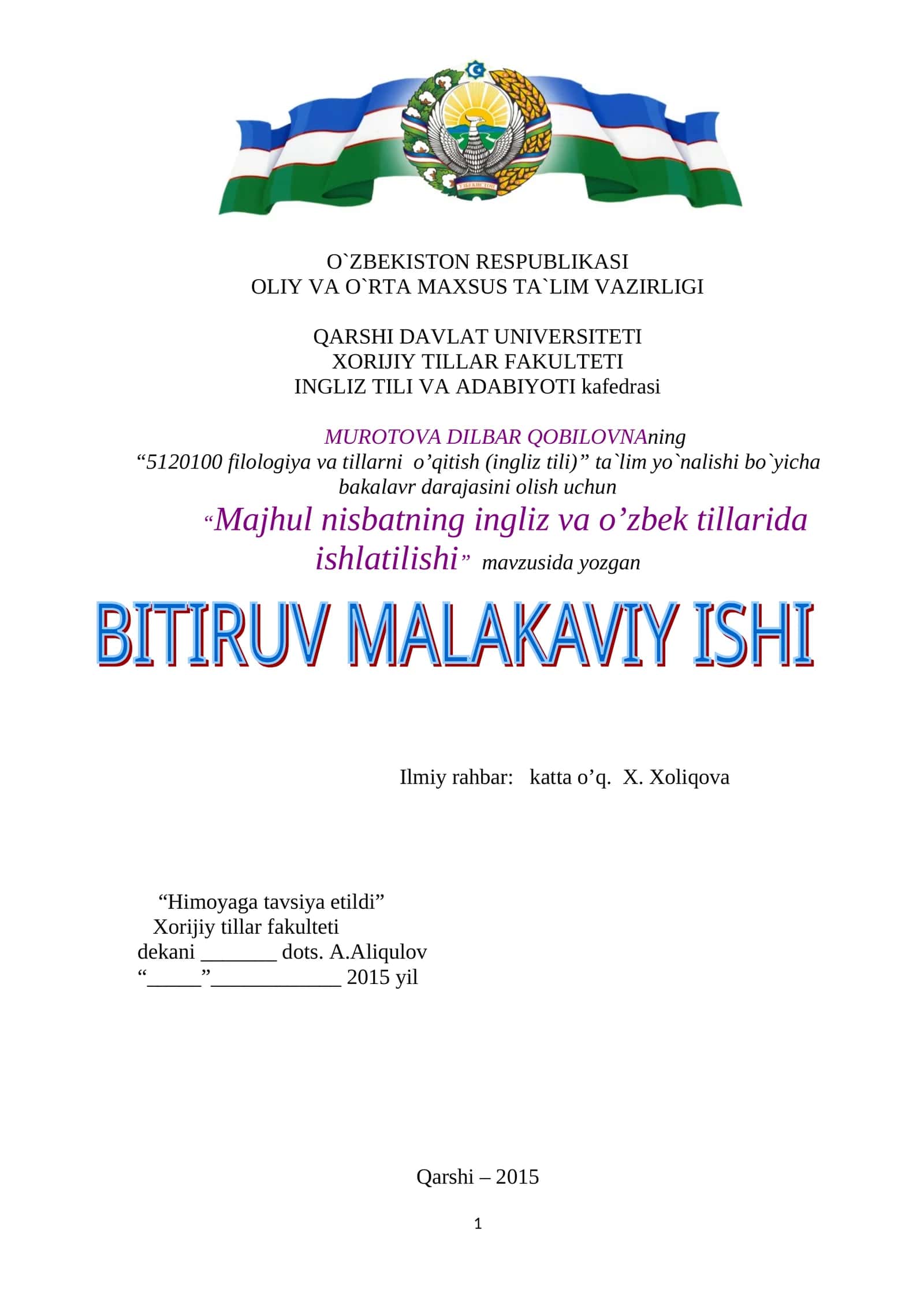 Majhul nisbatning ingliz va o’zbek tillarida ishlatilishi