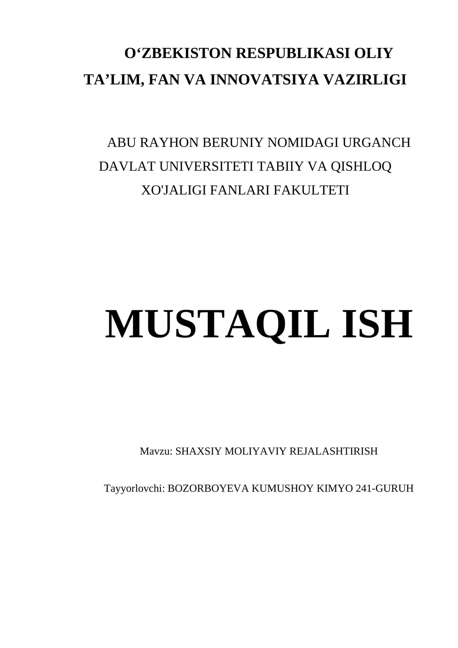 SHAXSIY MOLIYAVIY REJALASHTIRISH